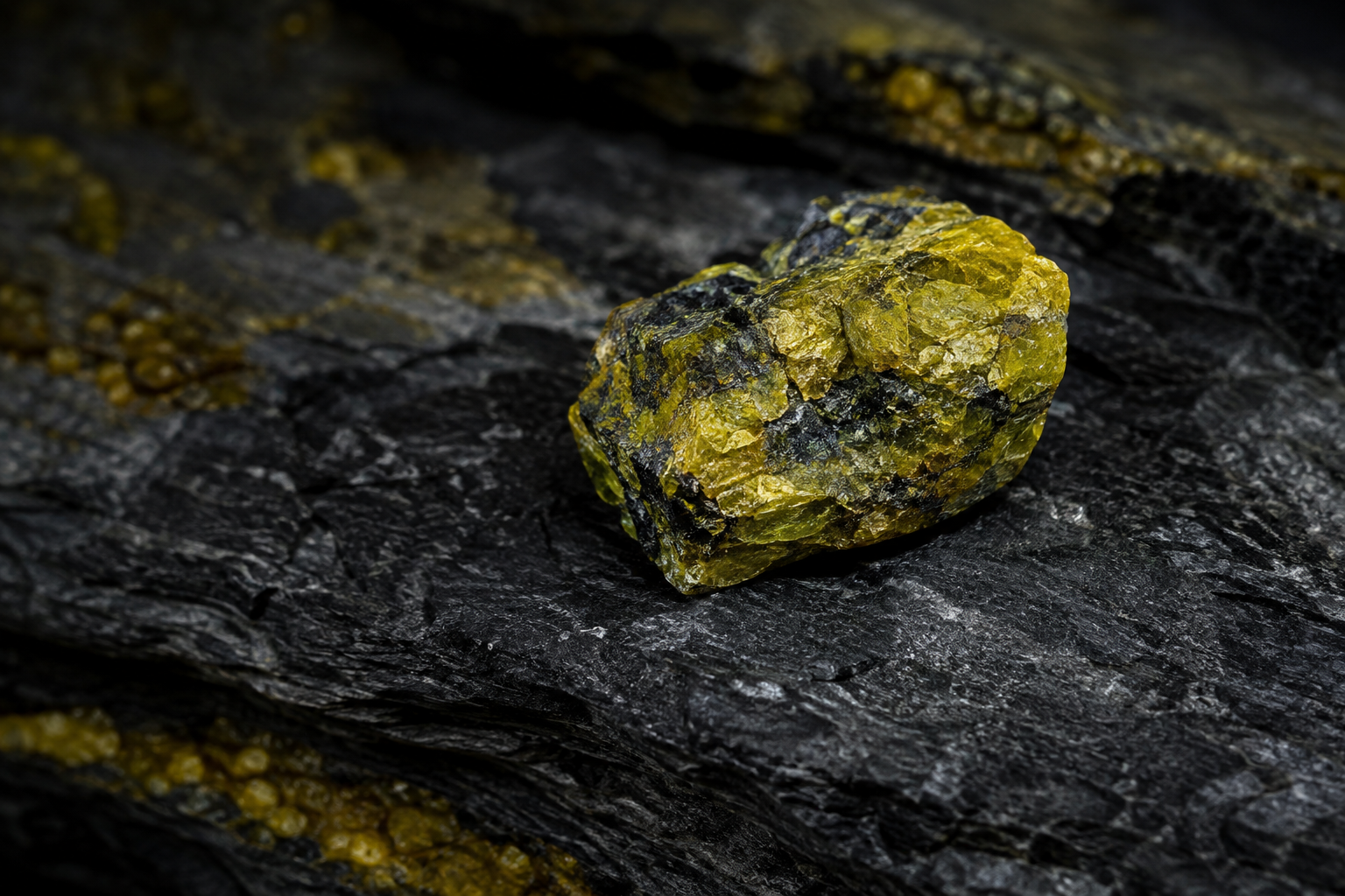 Hyper-realistic close-up of a yellow-green uranium mineral specimen embedded against dark, layered rock, with repeating mineral deposits suggesting historic uranium market cycles and long-term contracts pricing anticipated future supply risk.