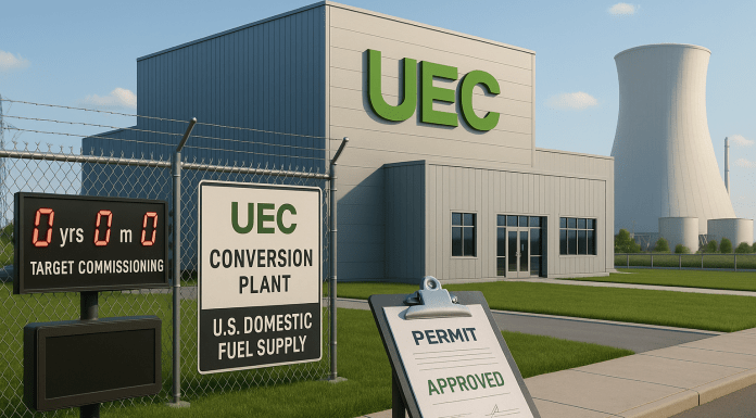 The Flagship U.S. Uranium Producer: UEC Modern UEC facility with countdown sign, approved permit, and cooling tower in bright daylight