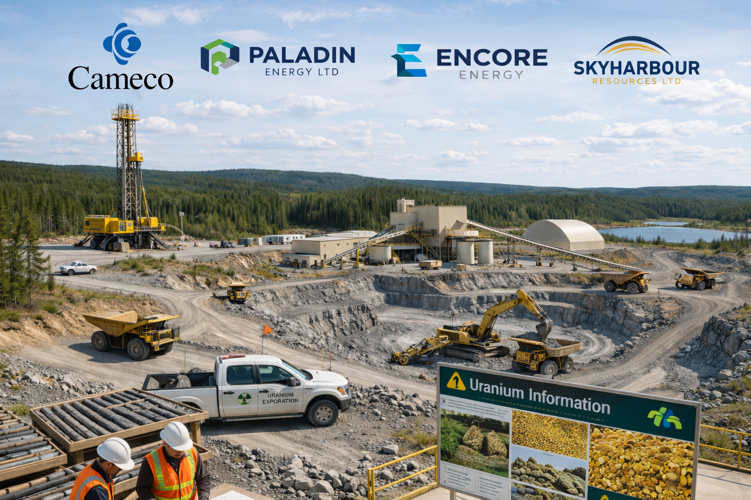 UROY Project Portfolio Representation Wide uranium mine with workers, machinery, and aligned corporate logos across the sky