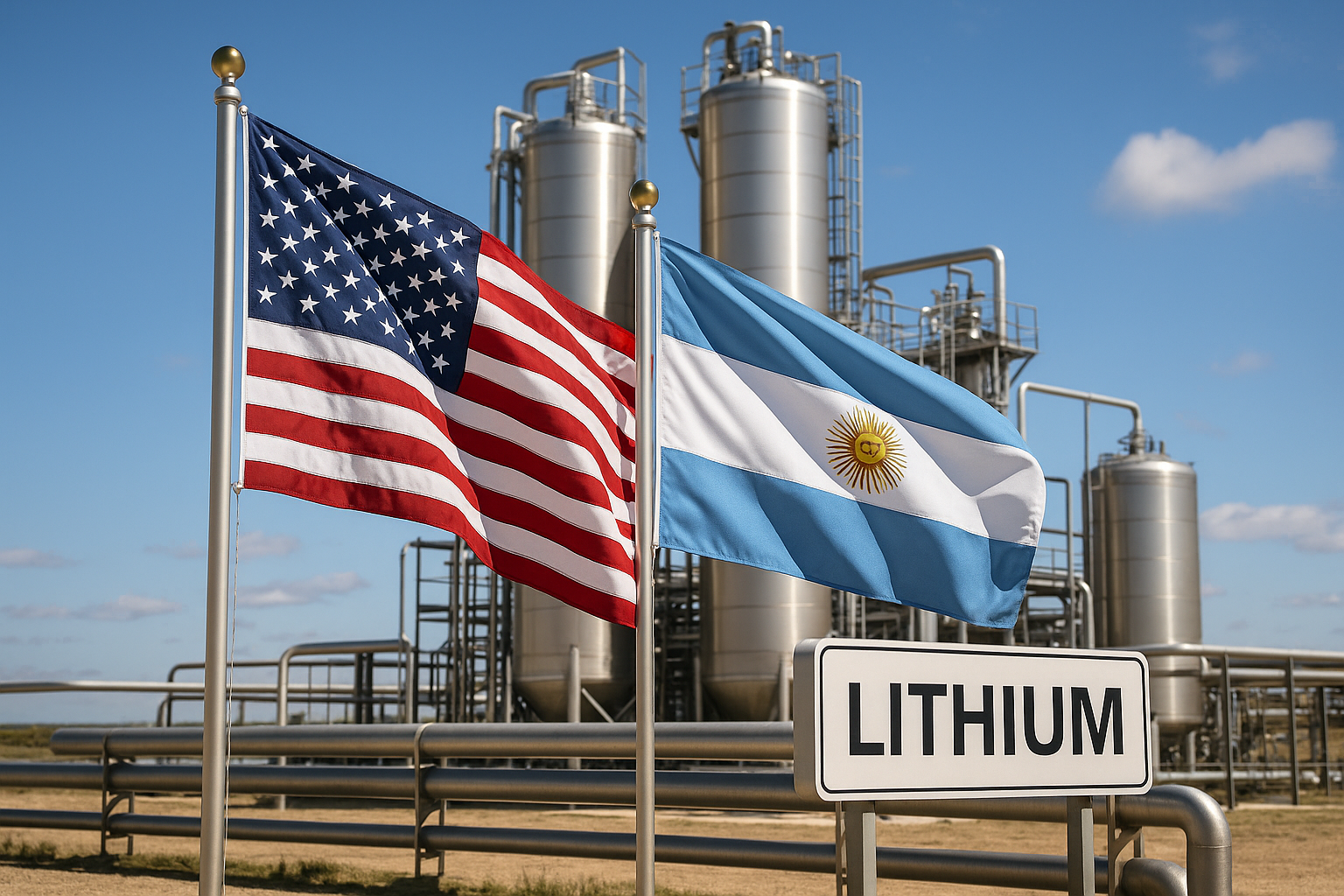 American and Argentine symbols flank industrial lithium processing equipment under soft lighting.