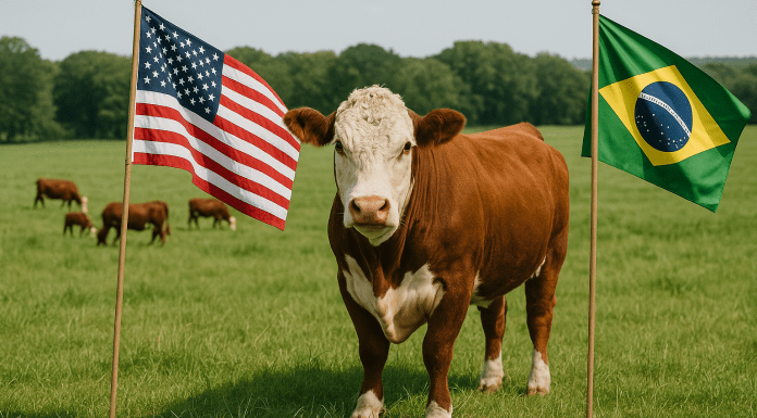 Hereford cow stands between U.S. and Brazil flags in open pasture