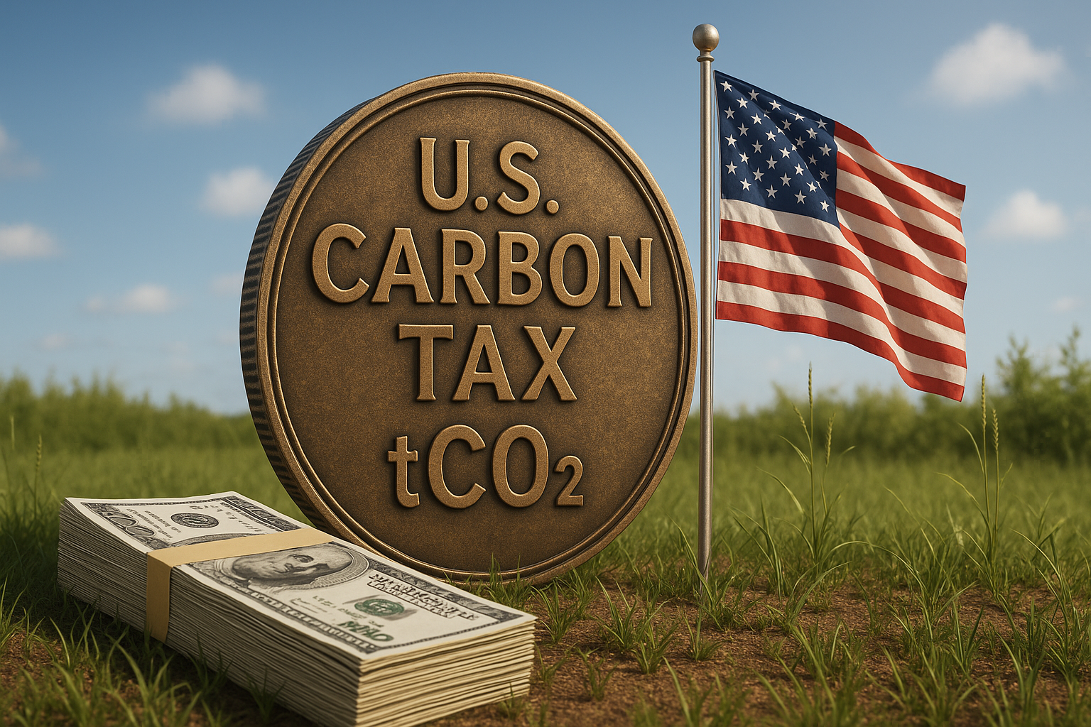 US Carbon Tax Bronze coin labeled U.S. Carbon Tax beside dollar bills and American flag in grassy field.