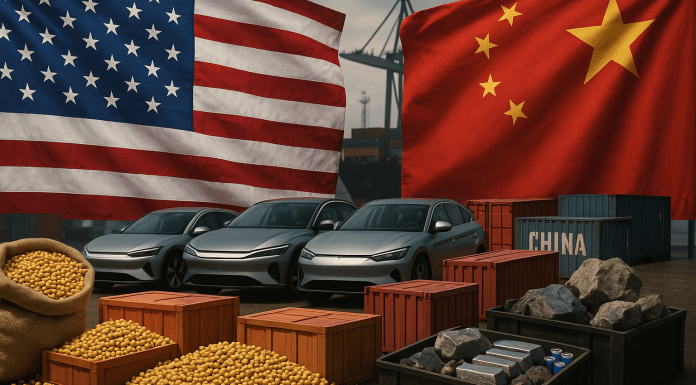 China & the Folly of America’s Strategic Drift U.S. and Chinese flags with soybeans, EVs, and rare earth minerals.