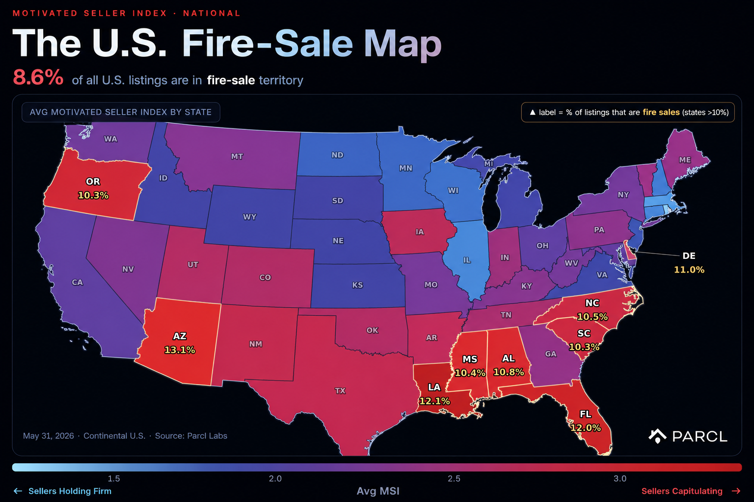 Dark infographic map showing U.S. fire-sale listing levels by state.