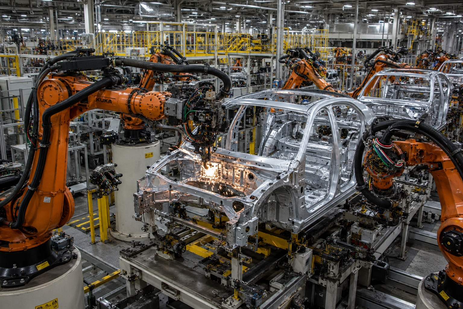 US Manufacturing Automation Amid Uneven Industry Growth Hyper-realistic view of a modern automated manufacturing facility with robotic arms assembling metal vehicle frames along a production line inside a large industrial plant. The scene highlights advanced industrial automation, precision machinery, steel structures, and manufacturing infrastructure without people or office settings.
