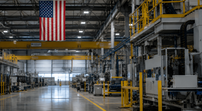 A hyperrealistic view of a modern U.S. manufacturing facility filled with advanced automated production equipment, robotic assembly systems, overhead cranes, and an American flag. The expansive factory floor is spotless and highly capital-intensive, with no workers present, illustrating growing industrial investment alongside slowing manufacturing employment growth.