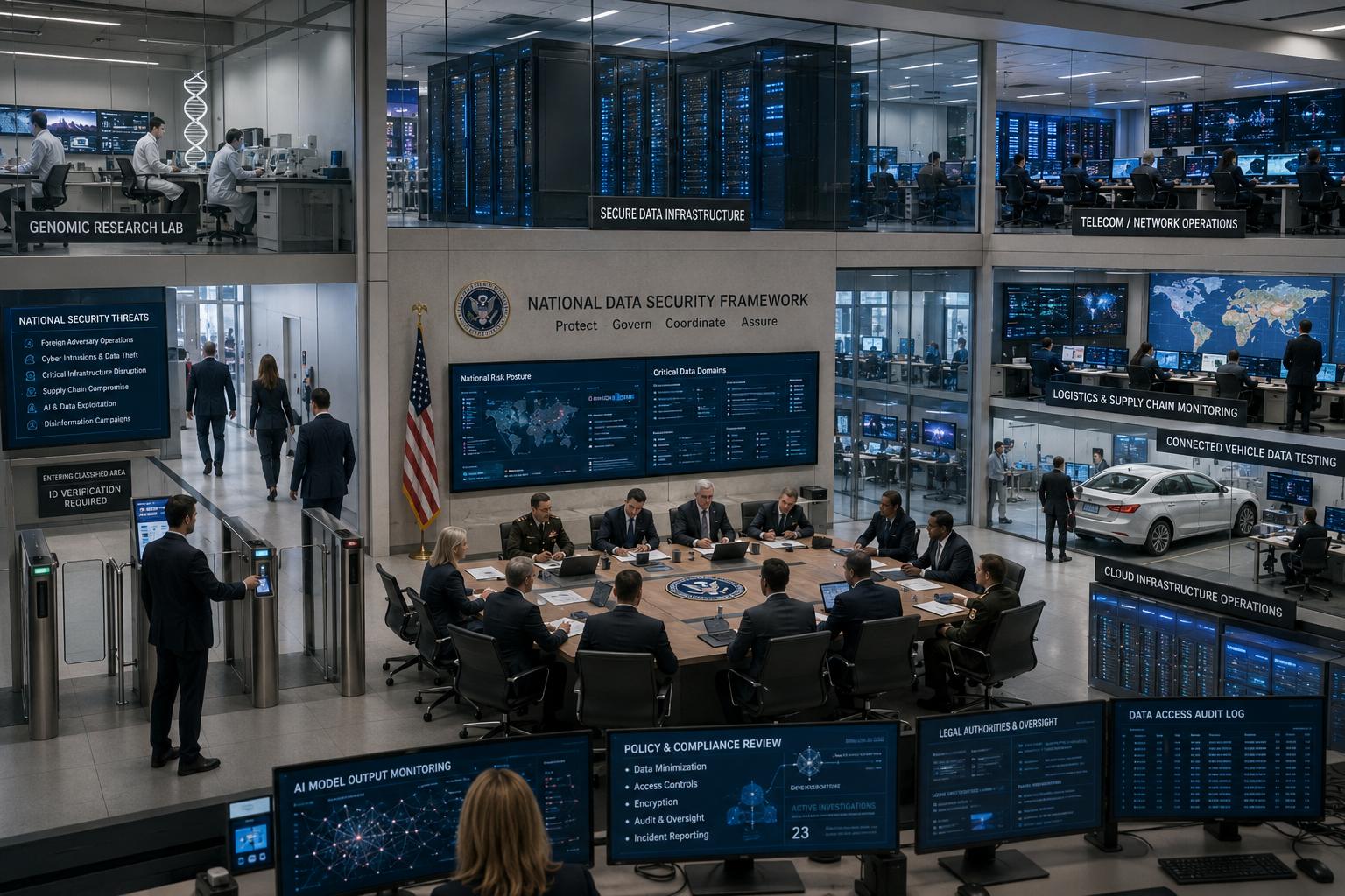 US National CyberSecurity Risks China A wide, realistic view of a modern U.S. data-security operations center with analysts, policymakers, labs, server rooms, telecom monitoring, logistics tracking, connected-vehicle testing, AI oversight screens, access-control gates, and a restrained American flag near the central conference area.
