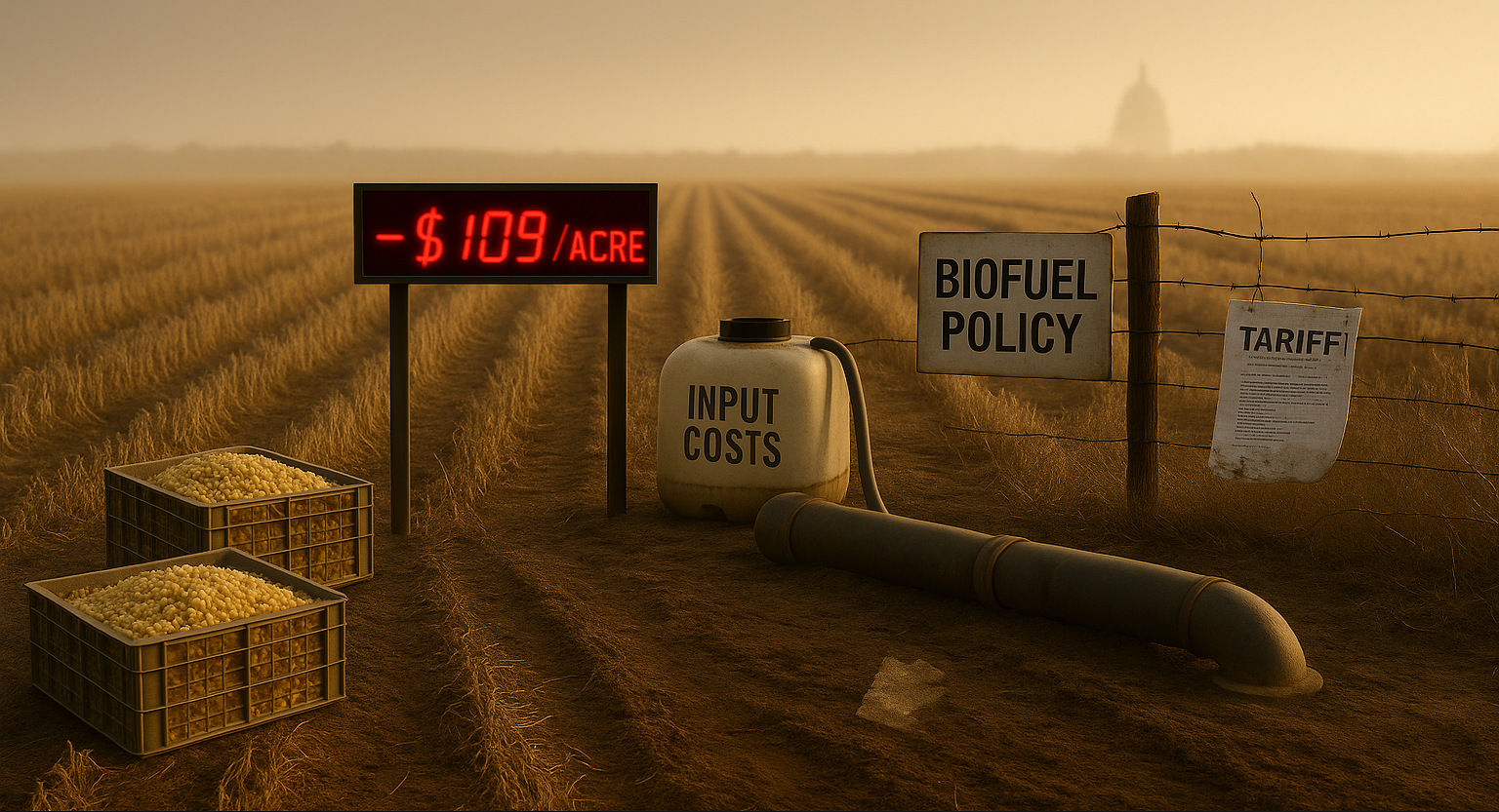 A dry soybean field with a red sign showing -9/acre, near policy signs and a rusted irrigation pipe.