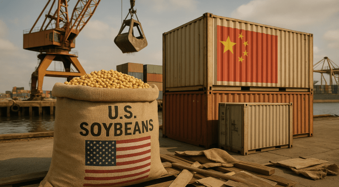 Phase One 2.0? China-U.S. Soy Deal Déjà Vu Cargo containers labeled with soybean symbols are offloaded at a Chinese port under cranes, with U.S. iconography nearby.