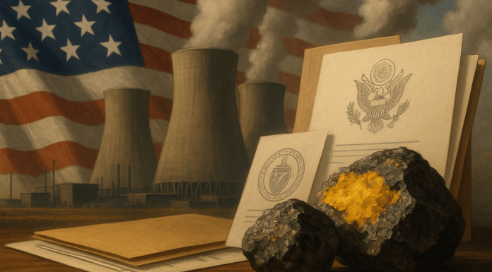 U.S. Uranium Policy Meets Energy Scarcity A wide-format, multi-dimensional digital illustration of U.S. nuclear energy infrastructure and uranium supply chain elements, portrayed in a realistic style with lighting depth and industrial detail; no visible text.