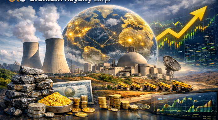 Uranium Royalty Corp: A Different Uranium Bet Wide hyper-realistic image of uranium assets, nuclear plant, and global network with rising financial chart
