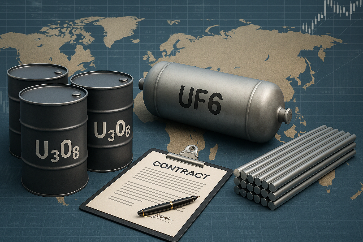 U₃O₈ drums, UF₆ cylinder, fuel rods, and signed contract on world map backdrop