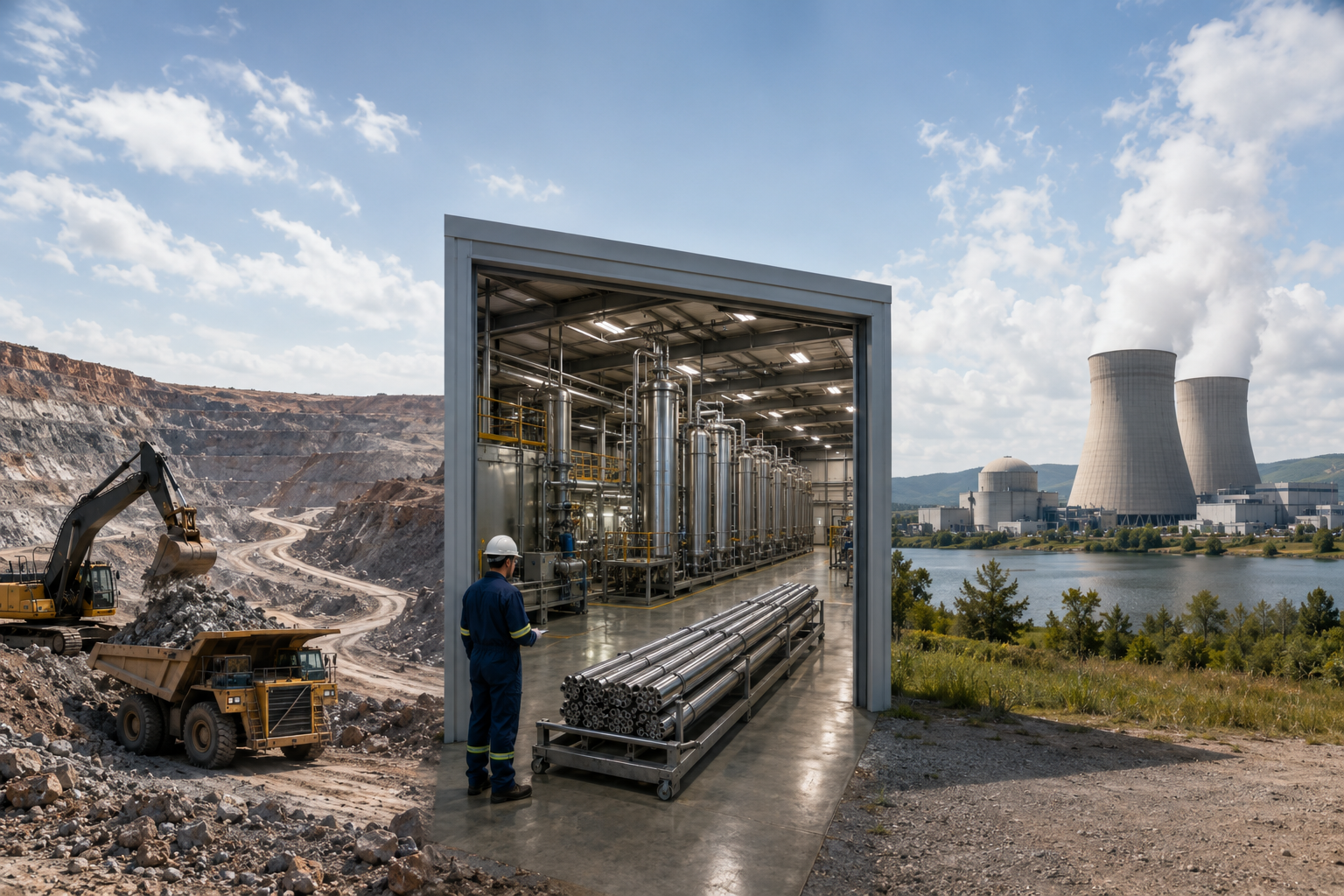 A wide, photorealistic industrial scene showing a uranium mine, a clean fuel-cycle processing facility, and a nuclear power plant, representing strategic access to the uranium value chain.