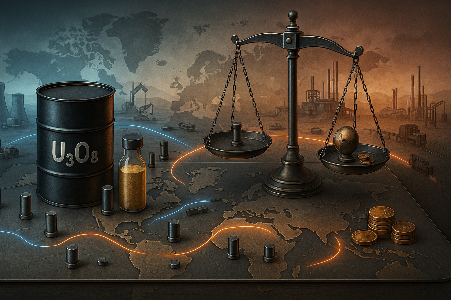 U₃O₈ barrel, scales, and glowing global trade routes divided by regions