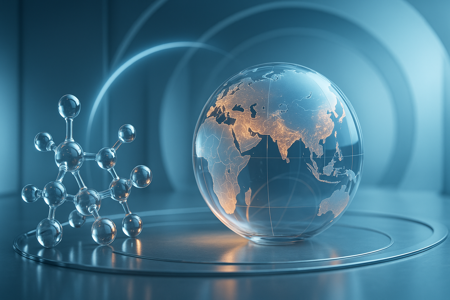 VTGN Image Worldwide A hyper-realistic 3D image of a transparent glass globe displaying illuminated networks across Asia and Europe, symbolizing global scientific collaboration. Beside it stands a clear molecular model composed of spherical nodes and connecting bonds, both resting on a reflective metallic surface under soft blue and golden lighting that conveys depth, precision, and balance.
