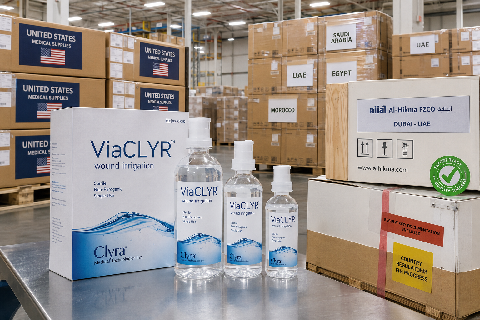 ViaCLYR™ Expands US and International Distribution Hyper-realistic medical distribution warehouse featuring ViaCLYR™ wound irrigation products in the foreground, with organized U.S. medical supply shipments and export cartons marked for Saudi Arabia, the UAE, Egypt, and Morocco.