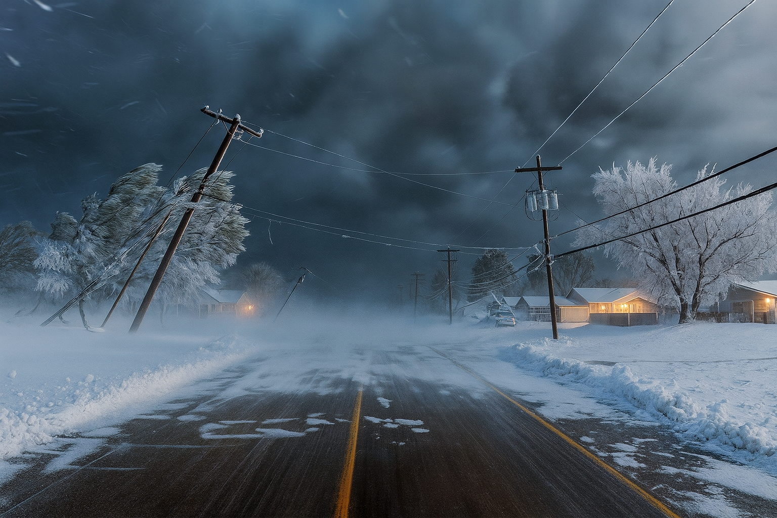 Winter Storm Freezes Power and Streets in Suburban Neighborhood Blizzard covers street in snow, tilting power lines and bending icy trees